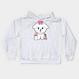 cute baby furry dog wears a pink ribbon Kids Hoodie